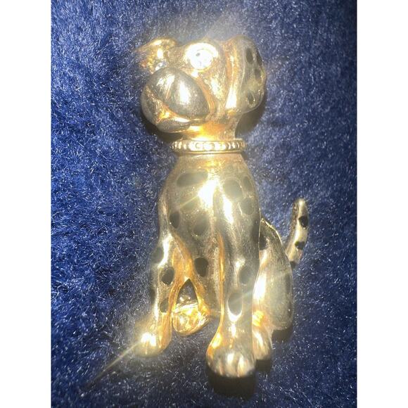 Dalmation Brooch Pin Black Enamel Spots Gold Plated & Silver Collar Crystal Eyes - Picture 2 of 4